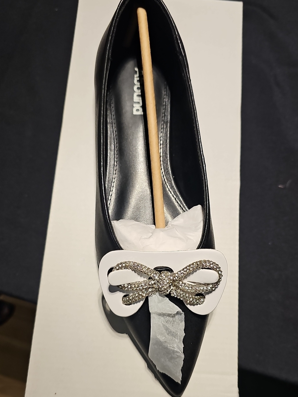 Abound Gorgi FLAT. Black Pointed Toe Flat with Crystal Bow Accent